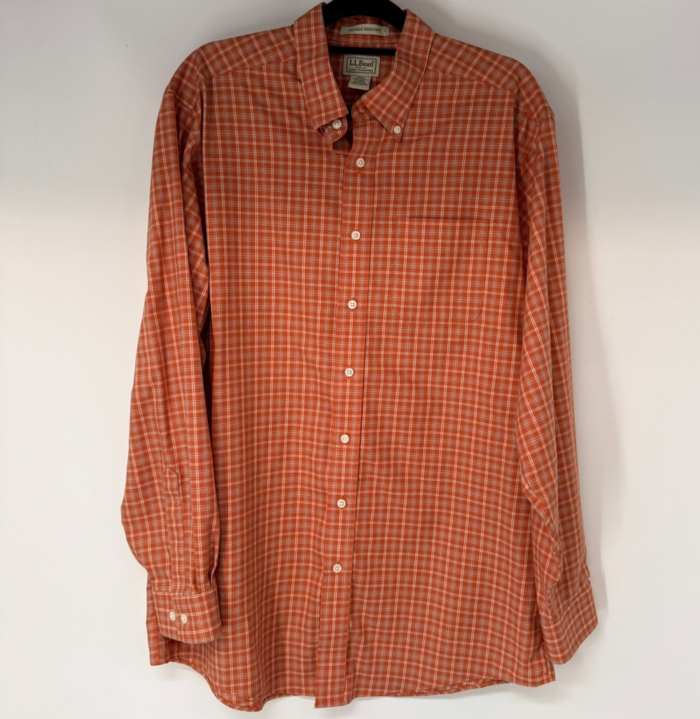 LL Bean Button Up Shirt Mens Large Tall Orange Check Wrinkle Resistant Dad MT79